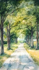 Naklejka premium watercolor country road with trees and soft light