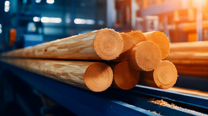 Piles of freshly cut wooden logs in a production facility, showcasing modern processing techniques and craftsmanship.