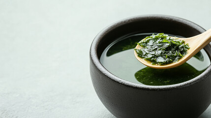 Emerald Elixir: A close-up shot of a serene composition featuring a dark bowl of vibrant green liquid with chopped herbs resting atop a wooden spoon.