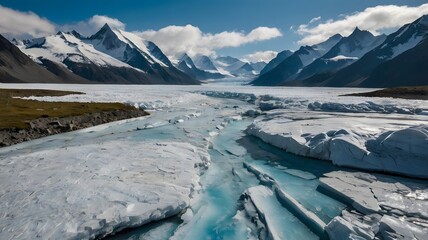 Obraz premium Glacial River in Mountain Range Aerial View