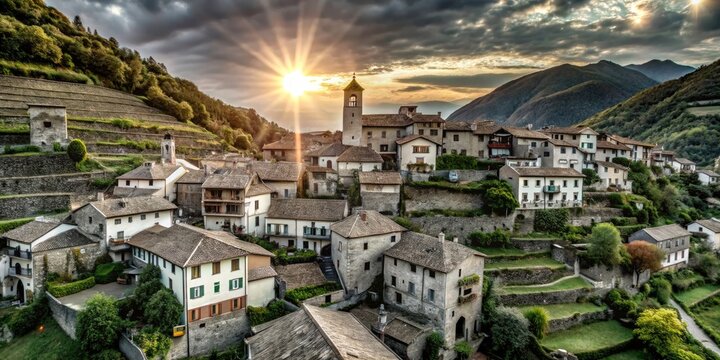 Historic Corippo, Ticino: an aerial view reveals charming stone architecture and terraced landscapes.
