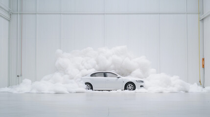 A Car Enveloped in Clouds: A sleek white sedan sits amidst a sea of soft, fluffy clouds inside a vast, modern, minimalistic space, evoking a sense of serenity and the perfect drive.