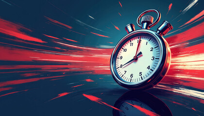 Conceptual illustration of racing stopwatch with dynamic motion lines, portrays urgency, limited time for competition. Fast speed race timing countdown design. Sport athletic challenge.