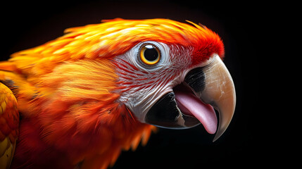Fototapeta premium Stunning close-up of a vibrant parrot showcasing its colorful feathers and expressive eyes against a dark background.