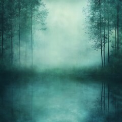 A serene foggy landscape featuring a calm lake surrounded by tall trees. The mist creates a mystical atmosphere, perfect for conveying tranquility and nature's beauty.