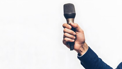 A hand firmly gripping a microphone against a white background