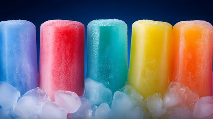 Vibrant popsicles in various colors resting on a bed of ice, symbolizing refreshment and summer joy.