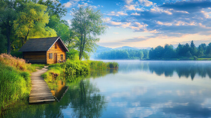 Obraz premium Tranquil twilight countryside blue sky serene landscape rustic cottage glowing sunset peaceful nature lush greenery artistic digital painting fantasy dreamy scenic path warm trees exotic resort