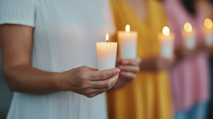 World Cancer Day concept. A row of diverse people holding small candles in a serene spiritual