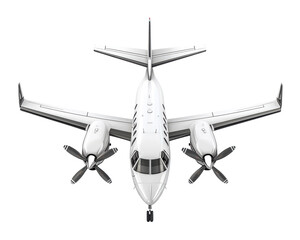 Fototapeta premium A white airplane with two propellers on the side. The plane is in the air and is the only thing visible in the image