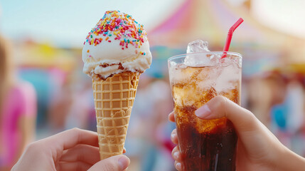 Cool Summer Treats: Close-up shot featuring a person's hand holding a refreshing iced beverage next to a delectable ice cream cone, evoking feelings of fun and indulgence.