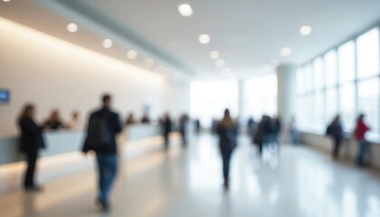 Blurred bank interior with customers at counters creates bokeh effect. Defocused scene of modern financial business with corporate design shows office service.