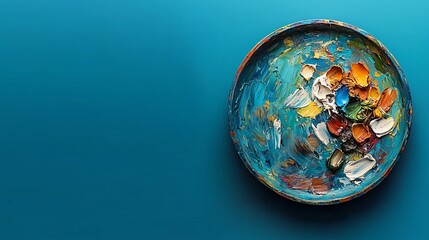 Vibrant palette of paint colors on a round dish against a blue background, ideal for art