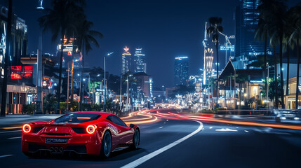 Red super car is running at night in the middle of the city