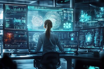 AI researcher in a laboratory surrounded by futuristic monitors showing neural networks and environmental impact analytics