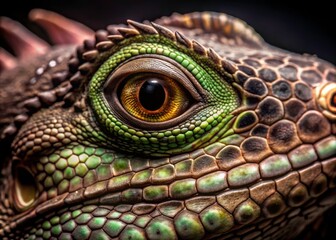 Naklejka premium Intricate macro shot: a green iguana's eye, blurred background highlighting reptilian beauty.