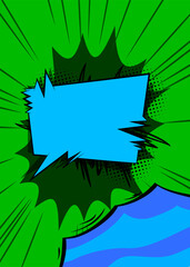 Cartoon green and blue comic book background. Retro vector comics pop art design.