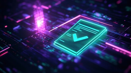 neon document icon with a checkmark in green, symbolizing a completed audit, with smooth lighting effects creating a futuristic atmosphere.