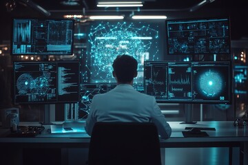 AI researcher in a laboratory surrounded by futuristic monitors showing neural networks and environmental impact analytics. 