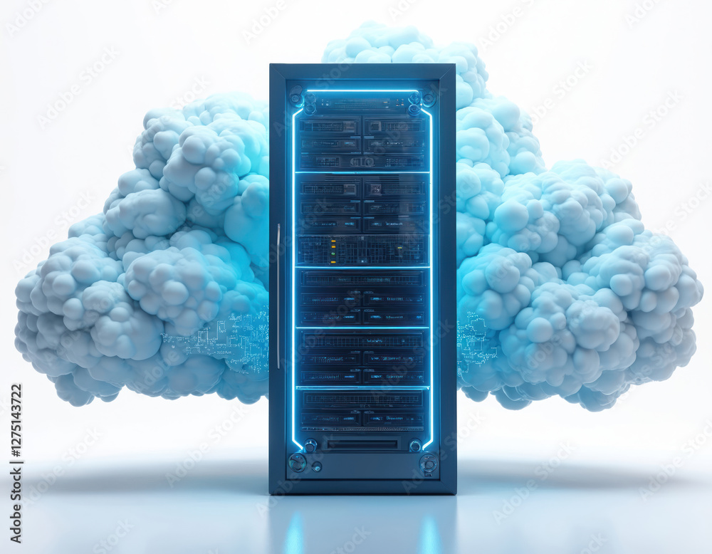 Poster modern data server with cloud integration on transparent background. representing online storage, da