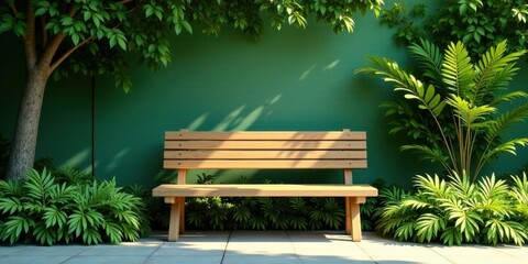 Obraz premium Serene Wooden Bench in Lush Green Garden Setting, Perfect for Relaxation and Contemplation