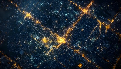 A breathtaking aerial view of a bustling city at night, showcasing a network of illuminated streets and buildings, radiating energy and vibrancy
