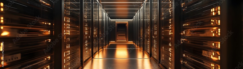 Poster a captivating view of a modern data center showcasing rows of illuminated servers, symbolizing the p