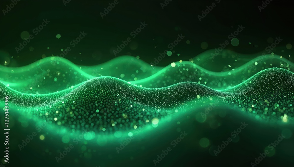 Poster rendering 3d wave dynamic dots background. green color futuristic flow tech abstract datum innovatio