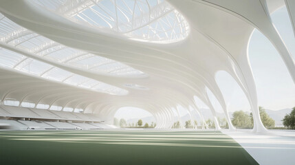 Futuristic Stadium Design: An artistic rendering showcasing the architectural marvel of a modern stadium, defined by its organic, flowing forms, luminous interiors, and verdant field.