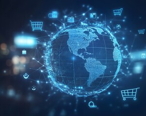 A digital representation of a global network, showcasing interconnected elements like shopping carts, symbols, and nodes, emphasizing modern technology and online commerce landscap