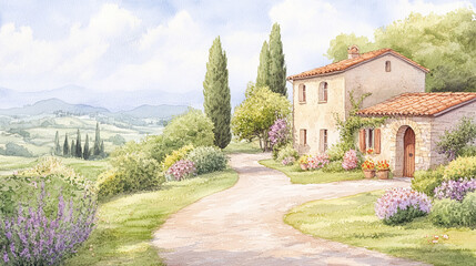 Watercolor Painting of an Italian Countryside Home