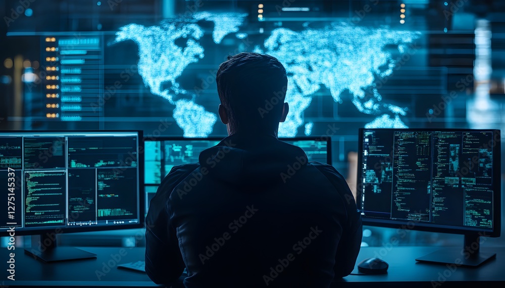 Poster a focused individual analyzes data on multiple screens in a high-tech environment. visual elements i