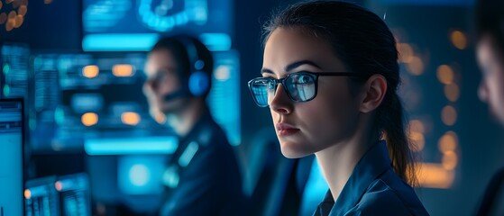 A focused woman with glasses works in a high-tech control room, showcasing concentration and skill in a modern, digital environment surrounded by screens and data.