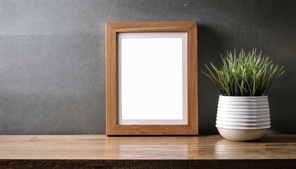 Vintage Empty Picture Frame Sitting atop a Modern Desk, Showcasing the Charm of Simplicity and Creativity in a Minimalist Scene with Industrial and Rustic Elements.