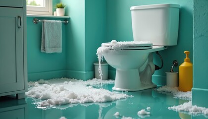 Bathroom flooded with foam after toilet overflow. Cleaning foam covers floor, toilet seat. Household accident, plumbing emergency. Cleaning service, home maintenance, sanitation, hygiene promotion