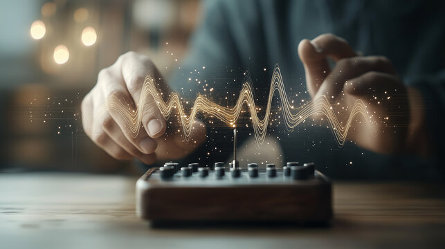 Artistic Control: A close-up shot of a person manipulating a sound control device, emanating sound waves and particles, creating a dynamic display of audio engineering.