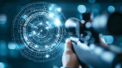 Data Target Acquisition: A focused individual aims down the scope of a rifle, with a digital data visualization overlay creating a sense of high-tech targeting and strategic precision.