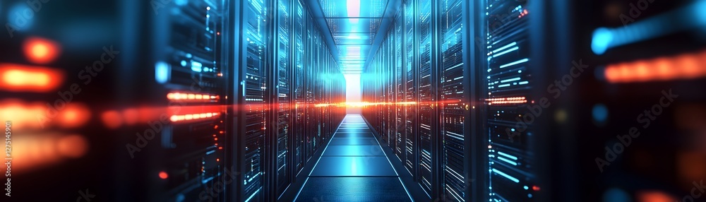 Poster a futuristic data center illuminated by vibrant led lights, showcasing rows of servers and emphasizi