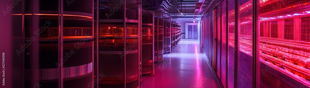 Poster a futuristic data center featuring illuminated server racks. the vibrant colors create a unique atmo
