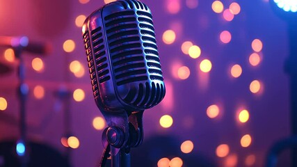 Retro microphone illuminated by colorful lights at a vibrant stage event, A retro microphone on stage The background is beautiful bokeh lights on the concert stage