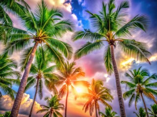 Low-angle shot: majestic palms silhouette against a brilliant night sky, evoking a tropical summer paradise.