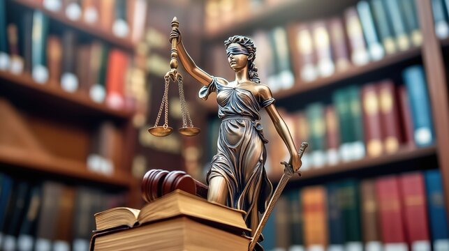 statue of Lady Justice, the Greek goddess of justice, holding the scales of justice in her right hand and a sword in her left hand. She is standing on top of an open book with a wooden gavel resting o