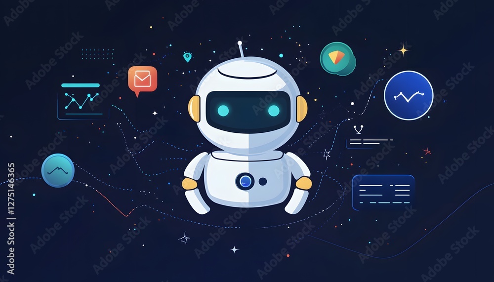 Poster a futuristic robot icon representing artificial intelligence and automation, surrounded by data visu