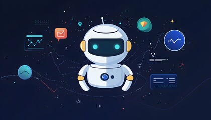 Naklejka premium A futuristic robot icon representing artificial intelligence and automation, surrounded by data visuals and tech symbols. Perfect for projects related to technology and innovation.