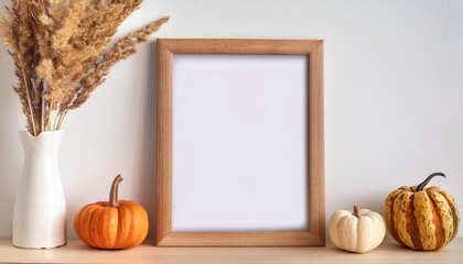 Cozy Wooden Shelf Displaying Fall Decor Pumpkin and Grass Accents Against a White Backdrop on a Rustic Wooden Frame, Embracing Autumns Warmth and Serenity