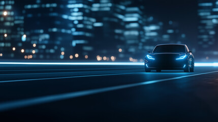Fototapeta premium Nighttime Drive in the City: A sleek, modern car glides effortlessly along a neon-lit highway at night, with a blurred cityscape in the background, symbolizing the future of transport. 