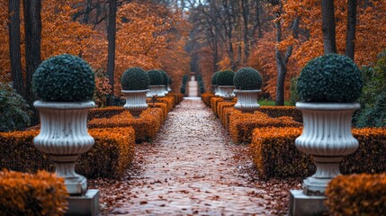 Autumn park path with topiary, serene scene