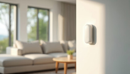 Smart home motion sensor on white wall in modern living room. Wireless security system, home automation, safety and convenience. Interior design with blurred couch and window.