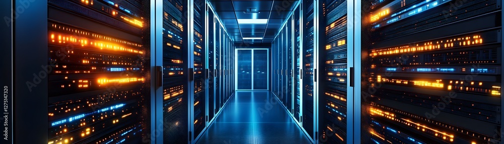 Poster a modern data center featuring rows of server racks illuminated with led lights, showcasing advanced