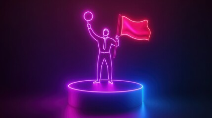 businessman holding a flag on a podium, representing leadership, success, and the power of achieving business goals